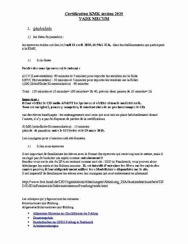 Certification KMK session 2019 VADE MECUM I. généralités