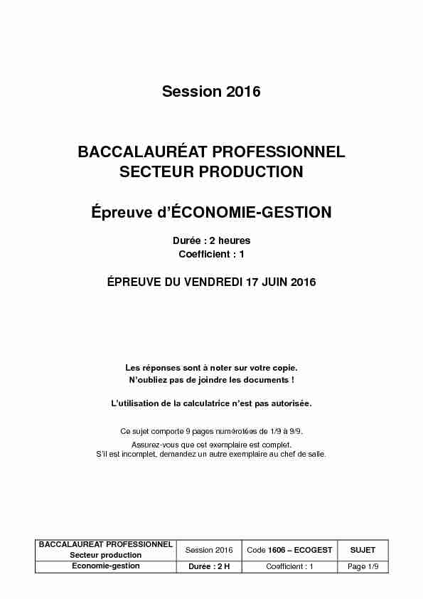 [PDF] Session 2016 BACCALAURÉAT PROFESSIONNEL SECTEUR