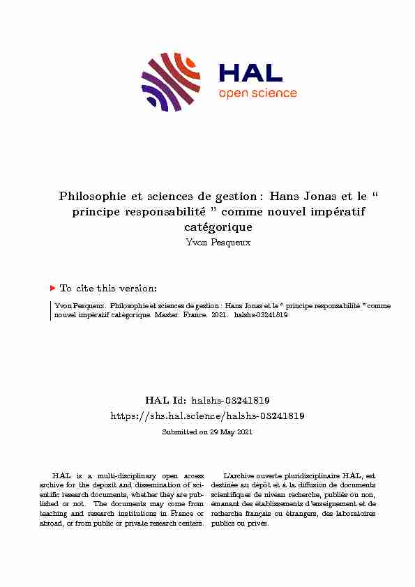 Philosophie et sciences de gestion: Hans Jonas et le `` principe