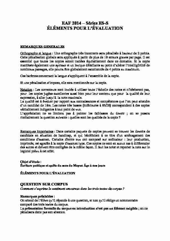 Corrigé officiel complet du bac S-ES Français (1ère) 2014 - Métropole