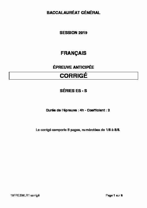 Corrigé du bac S-ES Français (1ère) 2019 - Métropole