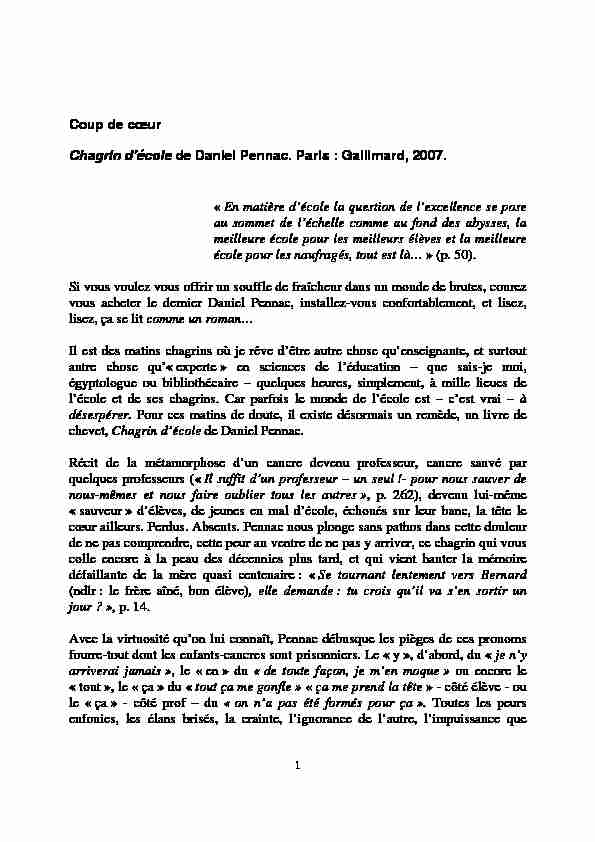 [PDF] Coup de cœur Chagrin décole de Daniel Pennac Paris - aSPe