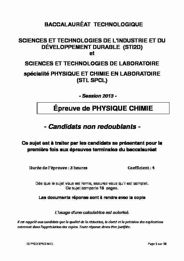 Sujet officiel complet du bac STI2D Physique-Chimie 2013 - Métropole