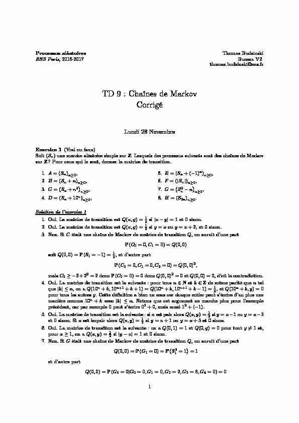 [PDF] TD 9 : Chaînes de Markov Corrigé