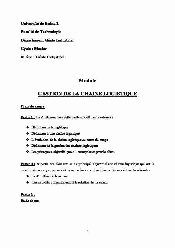Module GESTION DE LA CHAINE LOGISTIQUE