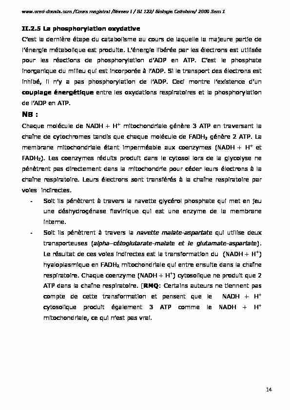 [PDF] 14 II25 La phosphorylation oxydative Cest la  - URED Douala