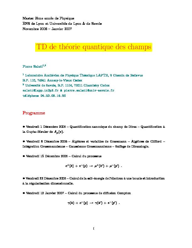 [PDF] TD de théorie quantique des champs - LAPTh