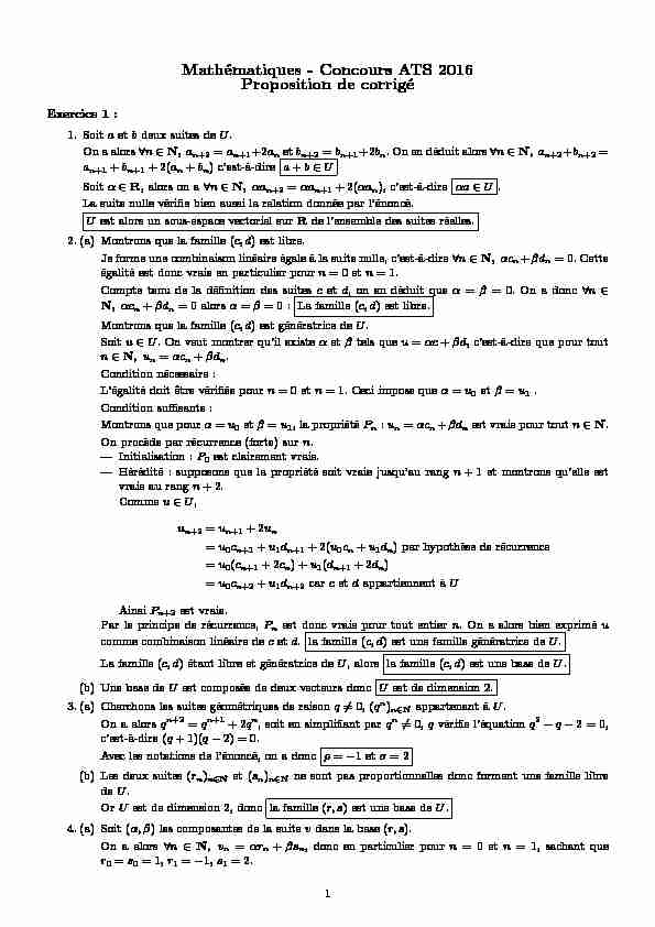 Mathématiques - Concours ATS 2016 Proposition de corrigé