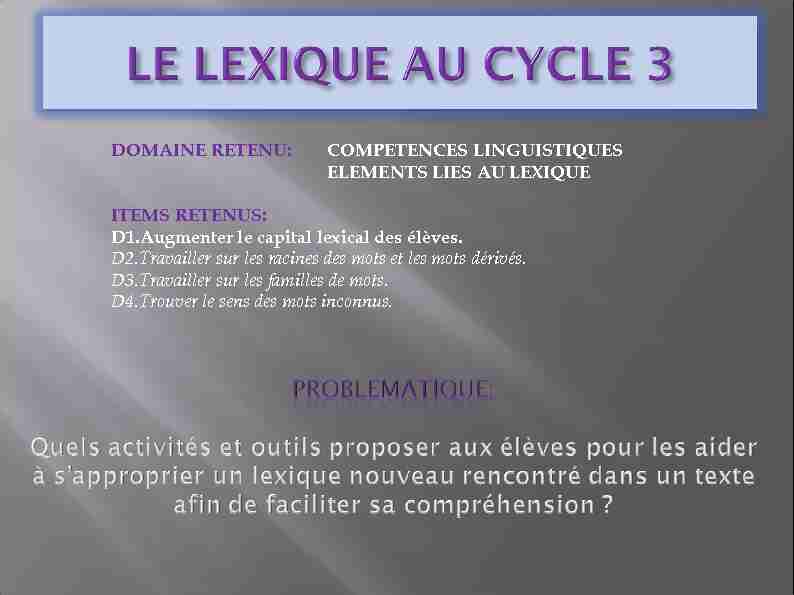 LE LEXIQUE AU CYCLE 3