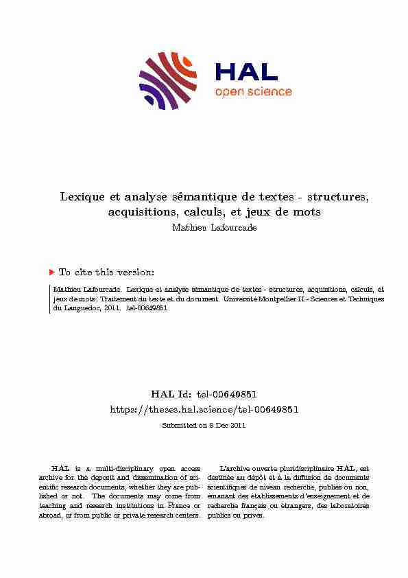 [PDF] Lexique et analyse sémantique de textes - TEL archives ouvertes