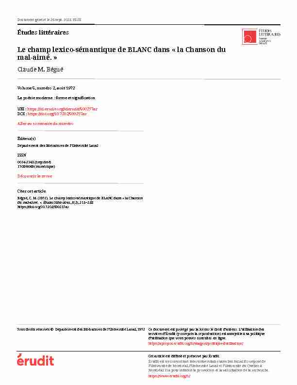 Études littéraires - Le champ lexico-sémantique de BLANC dans