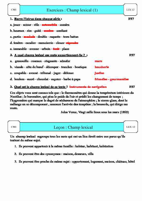 Exercices : Champ lexical (1) Leçon : Champ lexical