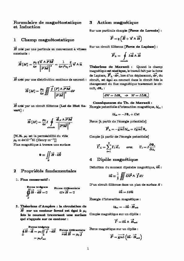 [PDF] Formulaire de magnétostatique et Induction 1 Champ