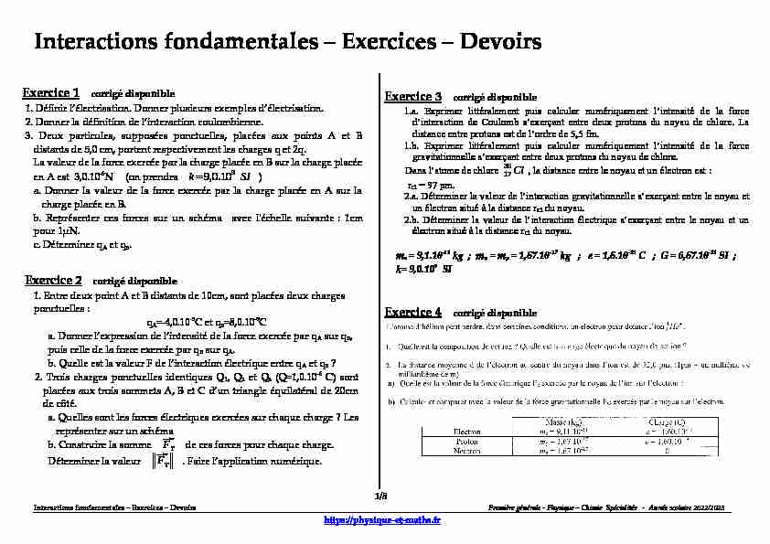 [PDF] Interactions fondamentales - Exercices - Devoirs - Physique et Maths
