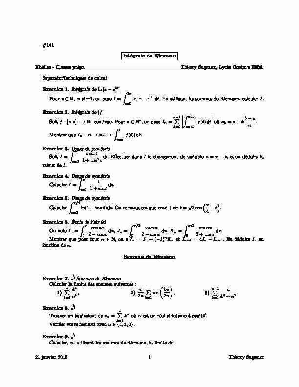 [PDF] Intégrale de Riemann Sommes de Riemann 1) 2) ? 3) Exercice 8