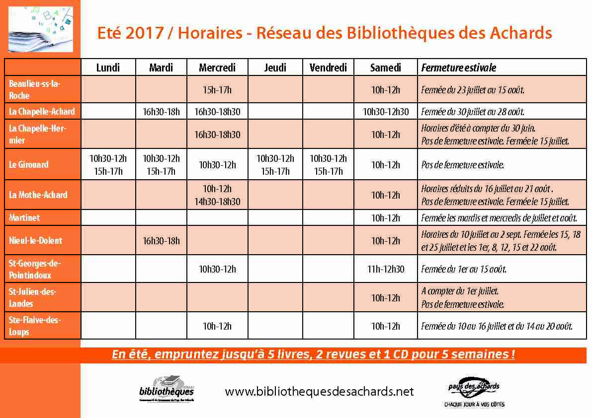 Eté 2017 / Horaires - Réseau des Bibliothèques des Achards