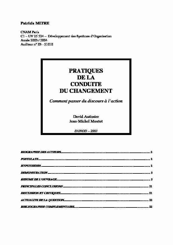 [PDF] PRATIQUES DE LA CONDUITE DU CHANGEMENT - Lirsa - Cnam