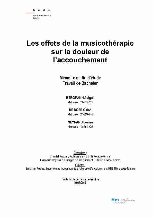 [PDF] Les effets de la musicothérapie sur la douleur de l  - RERO DOC
