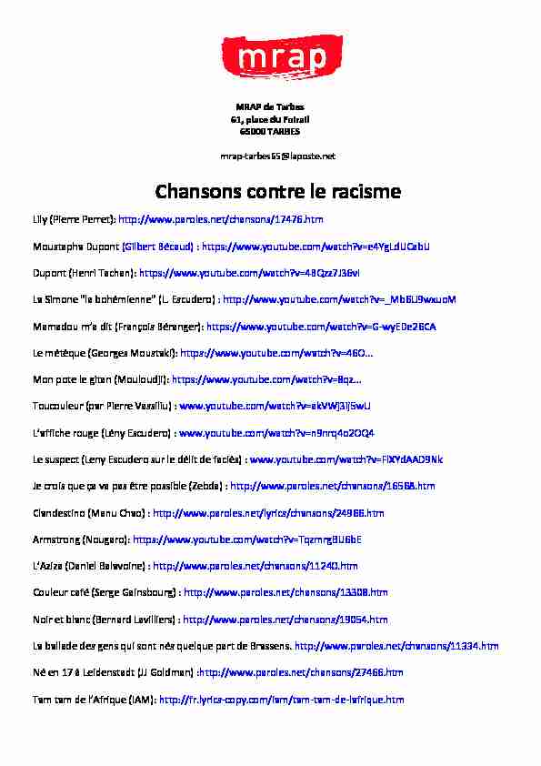 [PDF] CHANSONS contre le racisme liste et liens-2 - SNUipp 65