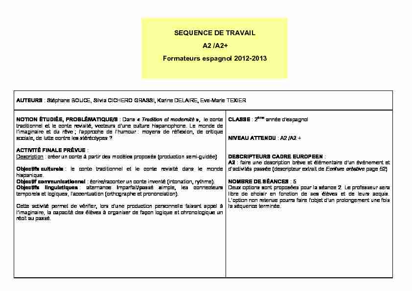 SEQUENCE DE TRAVAIL A2 /A2  Formateurs espagnol 2012-2013