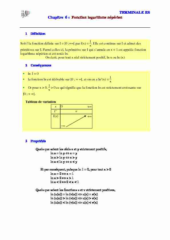 [PDF] TERMINALE ES Chapitre 6 : Fonction logarithme népérien