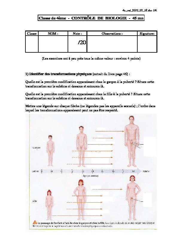 [PDF] Classe de 4ème - CONTRÔLE DE BIOLOGIE - 45 mn - 4e