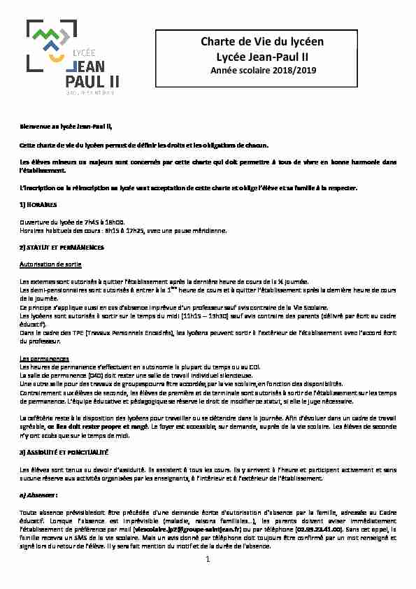 [PDF] CHARTE DE VIE DU LYCEEN 2018-2019 - Lycée Jean-Paul II