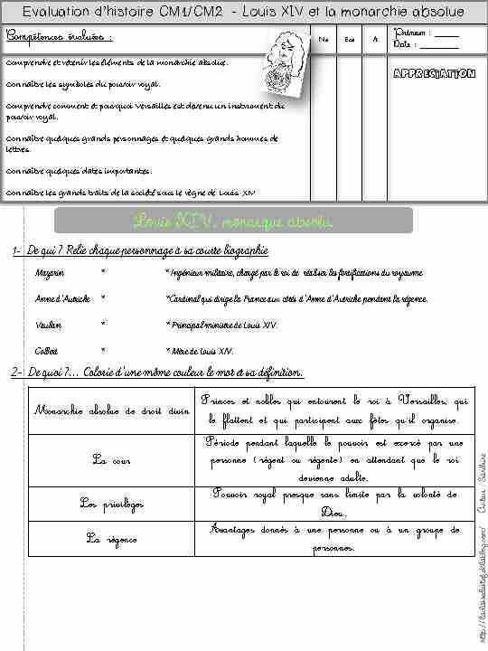 Evaluation dhistoire CM1/CM2 - Louis XIV et la monarchie absolue