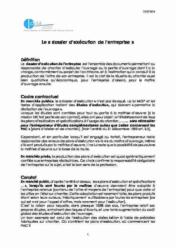[PDF] Le « dossier dexécution de lentreprise » - OGBTP