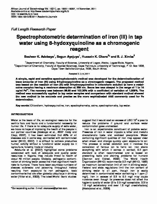 Spectrophotometric determination of iron (III) in tap water using 8