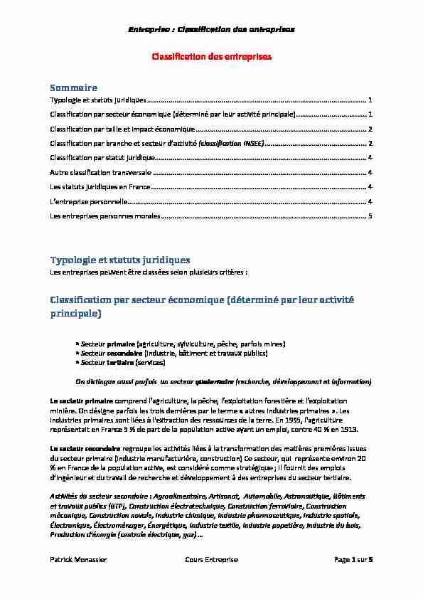 [PDF] Classification des entreprises - Accueil  Patrick Monassier
