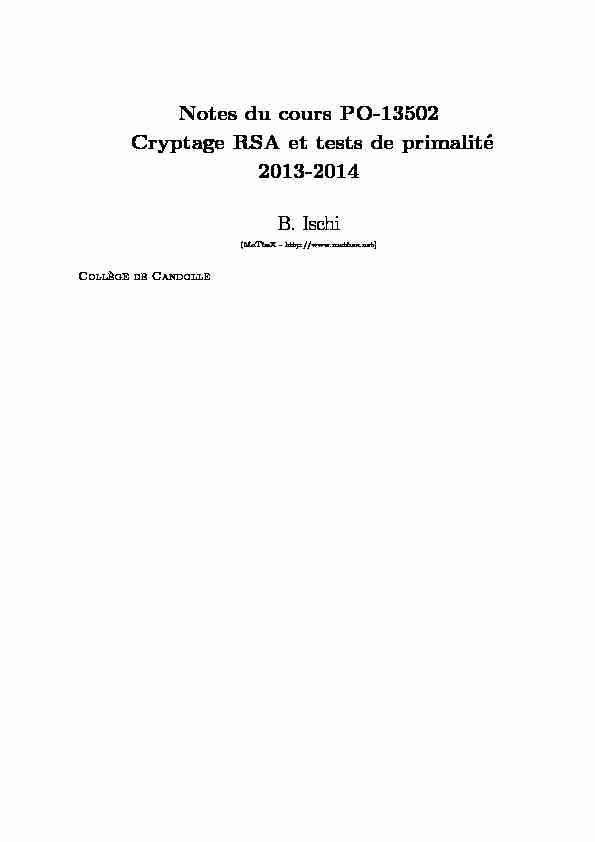 Notes du cours PO-13502 Cryptage RSA et tests de primalité 2013