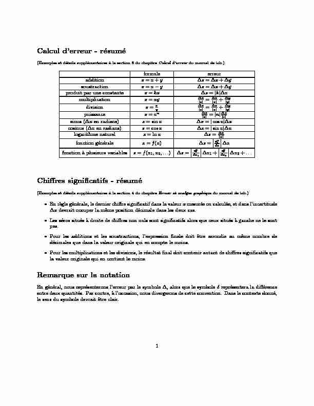 [PDF] Calcul derreur - résumé Chiffres significatifs