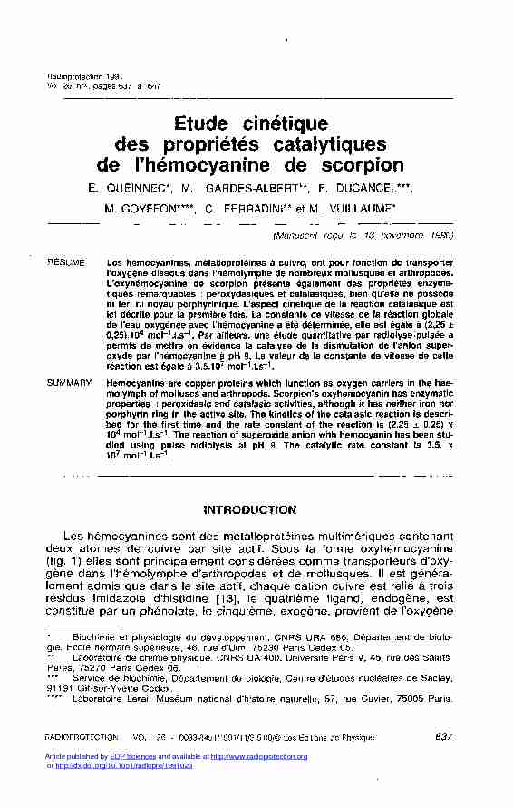 Etude cinétique des propriétés catalytiques de lhémocyanine de