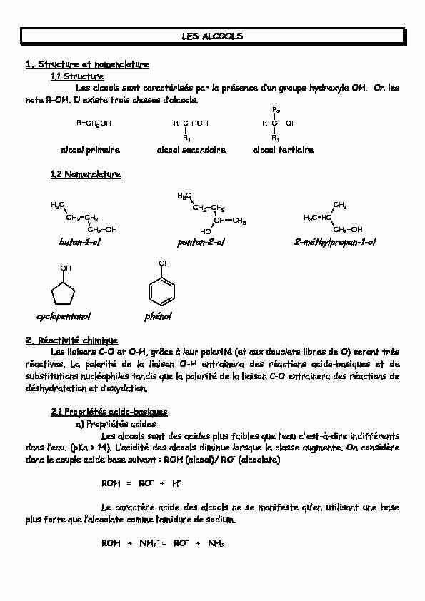 LES ALCOOLS 1 Structure et nomenclature