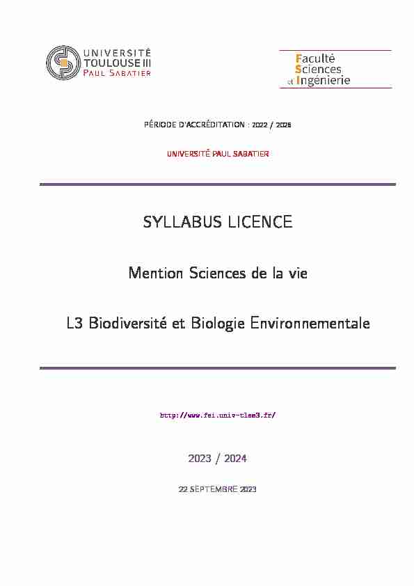 SYLLABUS LICENCE Mention Sciences de la vie L3 Biodiversité et