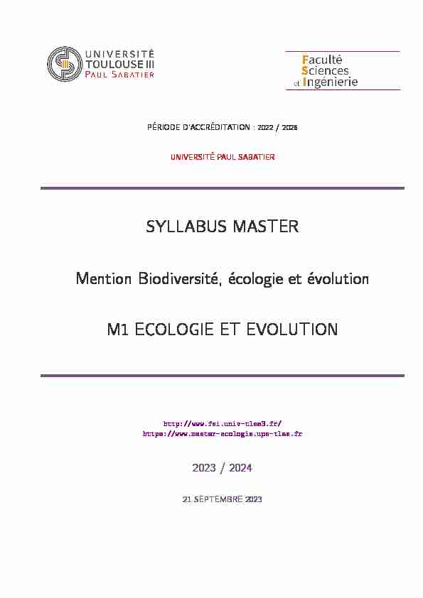 SYLLABUS MASTER Mention Biodiversité écologie et évolution M1