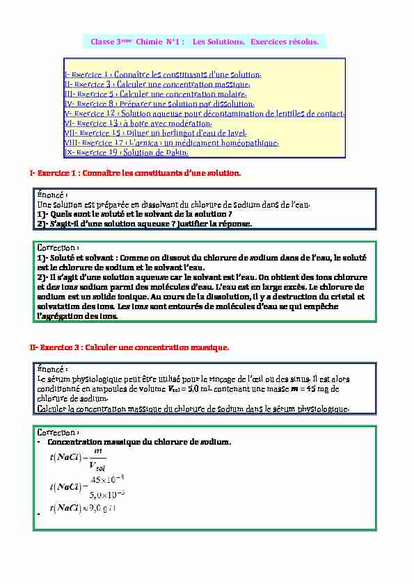[PDF] Classe 3ème Chimie N°1 : Les Solutions Exercices résolus I
