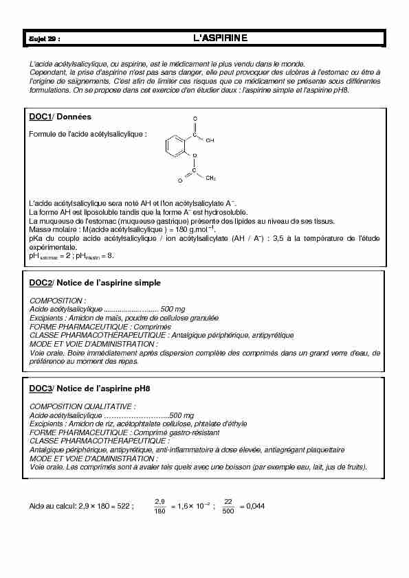 EXERCICE III Spé étude de médicaments à base daspirine 4pts
