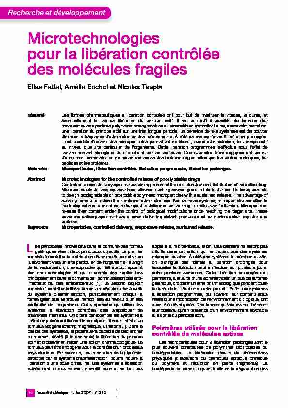 [PDF] Microtechnologies pour la libération contrôlée des molécules fragiles
