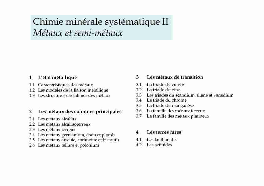 Chimie minérale systématique II Métaux et semi-métaux