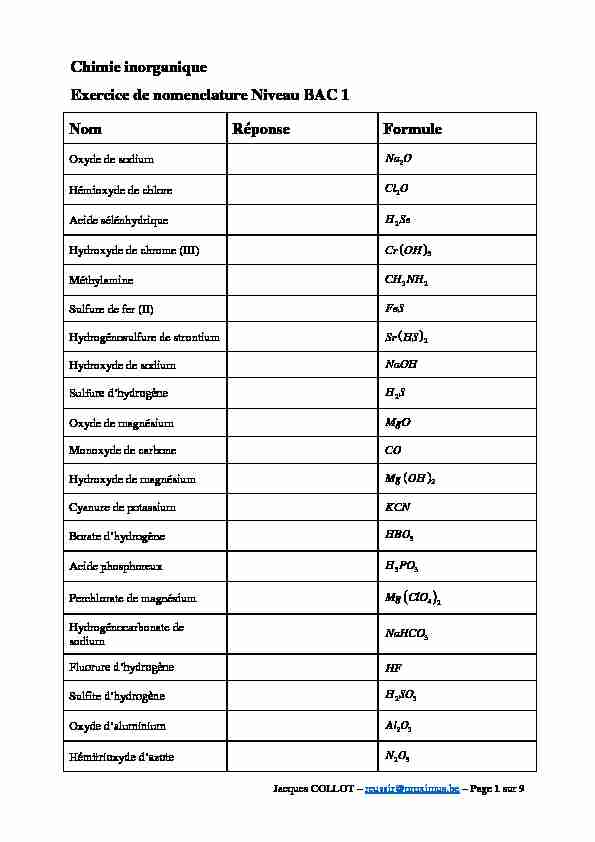 [PDF] Chimie inorganique Exercice de nomenclature Niveau BAC 1 Nom