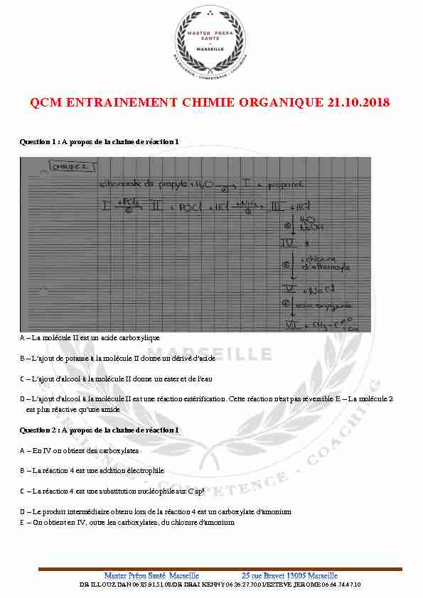 QCM ENTRAINEMENT CHIMIE ORGANIQUE 21.10.2018