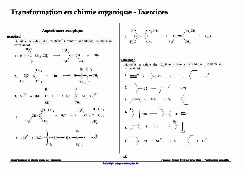 Terminale S - Transformation en chimie organique - Exercices