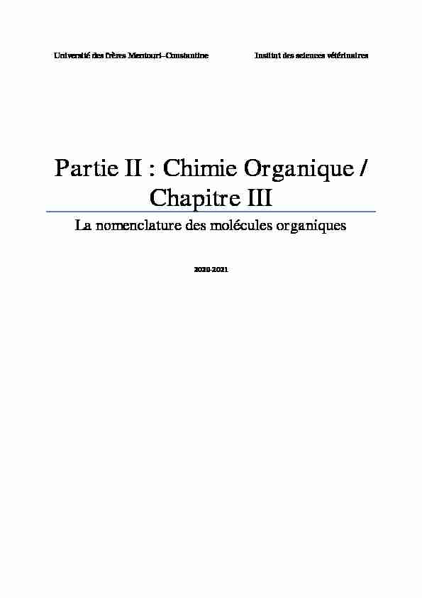 Partie II : Chimie Organique / Chapitre III