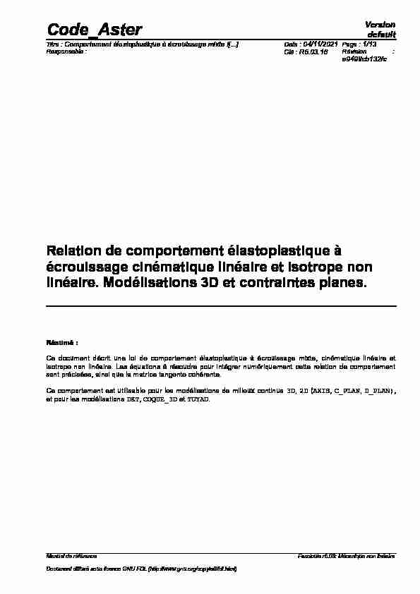 [PDF] Comportement élastoplastique à écrouissage mixte i[] - Code Aster