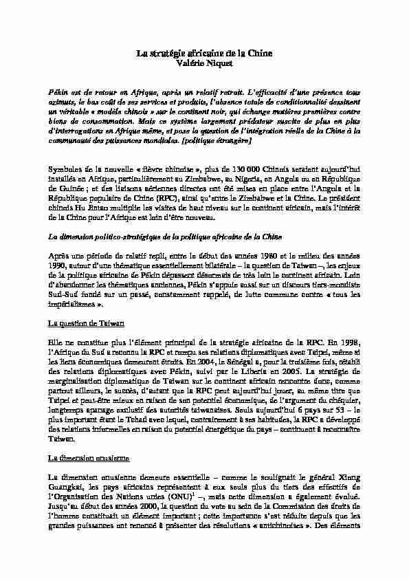 [PDF] La stratégie africaine de la Chine Valérie Niquet - France Diplomatie