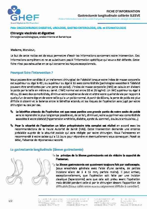 [PDF] FICHE DINFORMATION Gastrectomie longitudinale calibrée SLEEVE