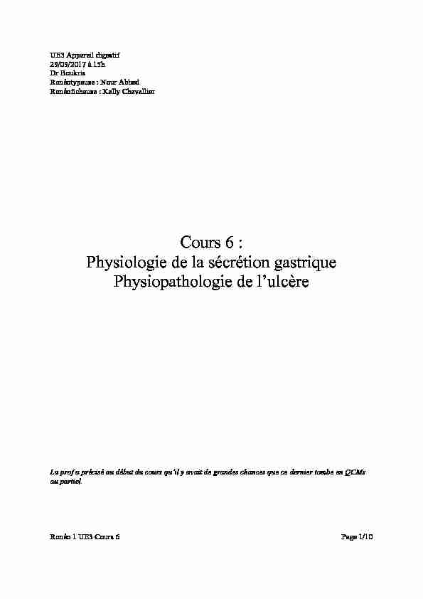 D1 UE3 COURS 9 Physiopathologie de la sécrétion gastrique et