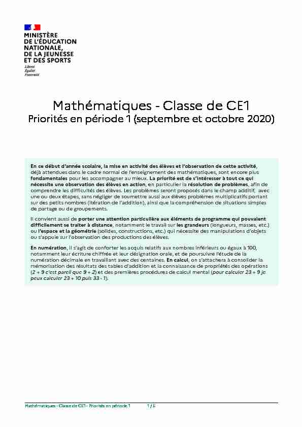 Mathématiques - Classe de CE1 Priorités en période 1 (septembre
